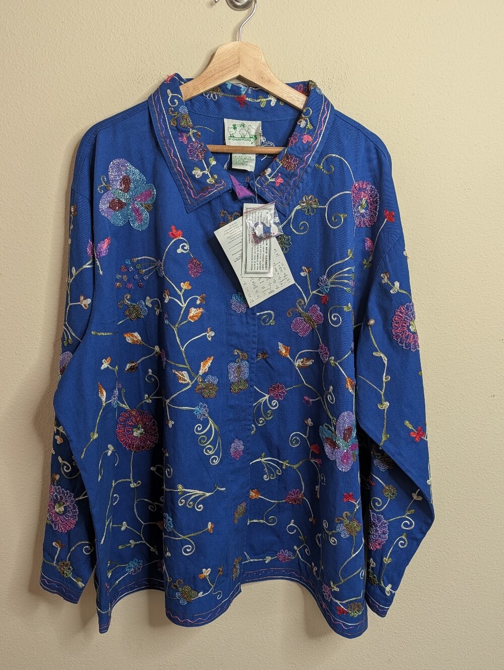 NWT Quacker Factory 3X Blue Embroidered & Beaded Floral Shirt Top